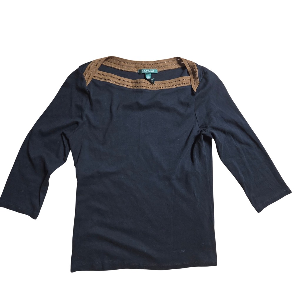 Lauren Ralph Lauren Boat Neck 3/4 Sleeve Top Brown Trim Cotton L Elevated Basic